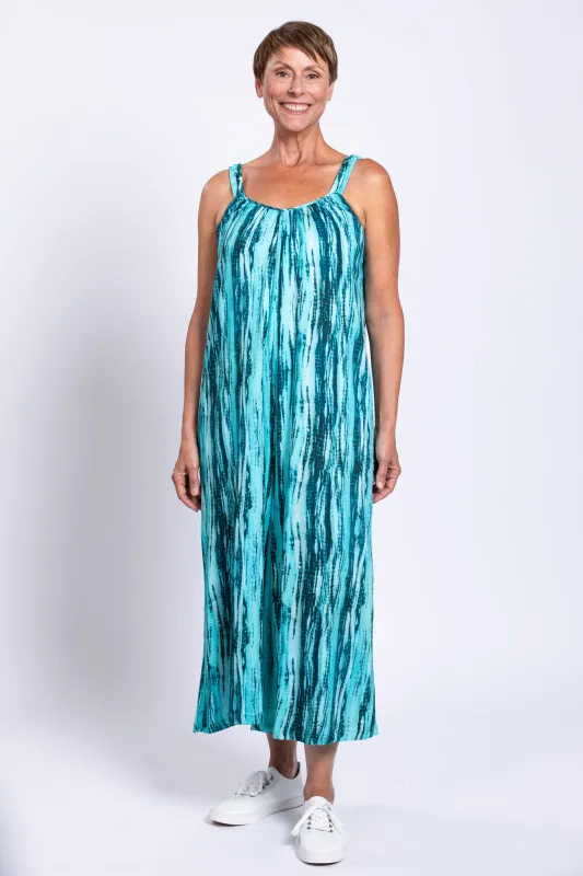 Joanna Jumpsuit, Teal Tie Dye, Linen Bamboo sold by Blue Sky