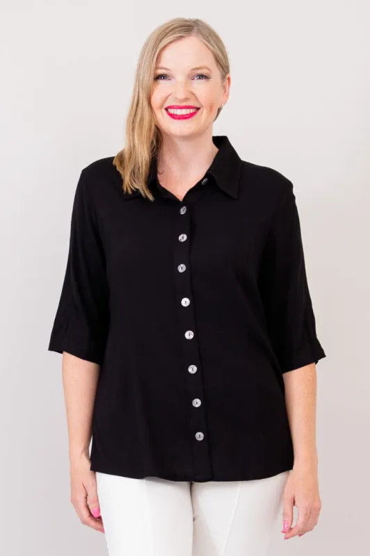 Lorine Blouse, Black, Linen Bamboo sold by Blue Sky