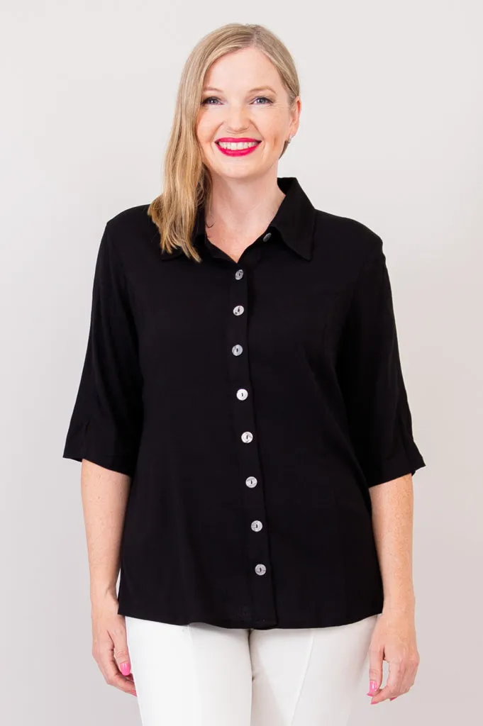 Lorine Blouse, Black, Linen Bamboo sold by Blue Sky