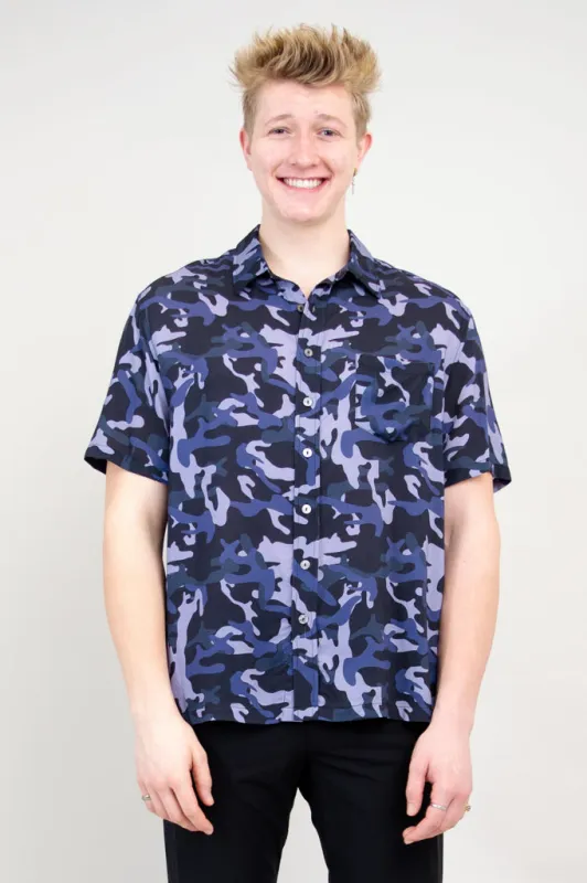 Dino Shirt, Indigo Camo, Woven Bamboo sold by Blue Sky