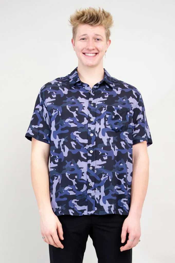 Dino Shirt, Indigo Camo, Woven Bamboo sold by Blue Sky