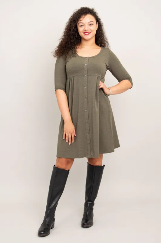 Nelly 3/4 Sleeve Dress, Yarn Dye Khaki, Bamboo sold by Blue Sky