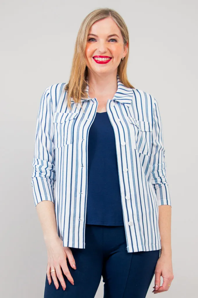 Lauren Jacket, Indigo Stripe, Linen Bamboo sold by Blue Sky