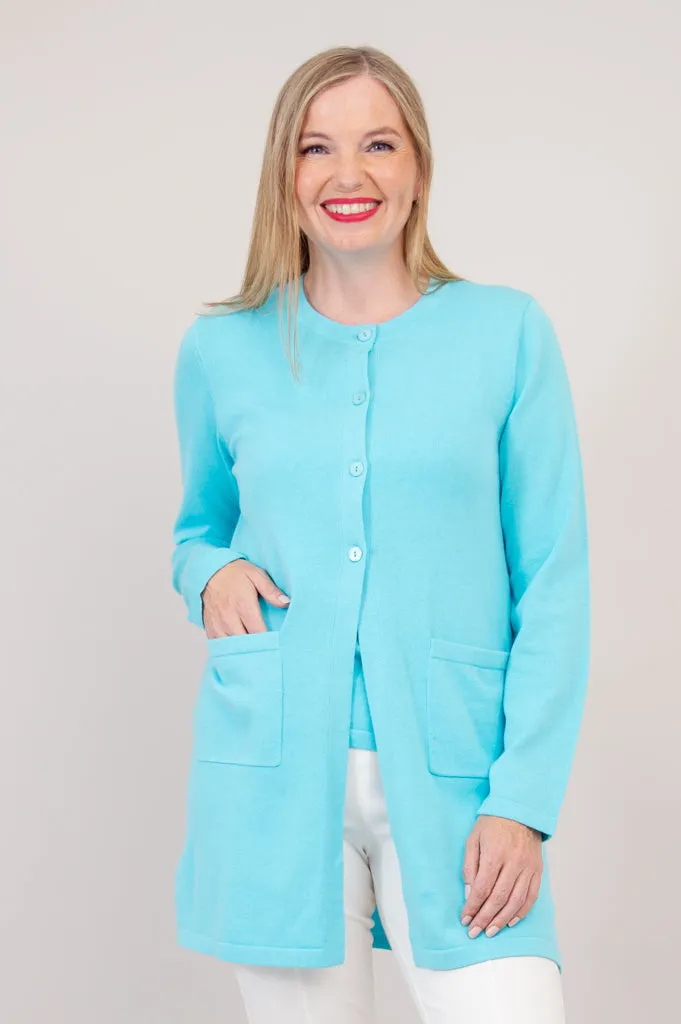Tommy Cardigan, Turquoise, Cotton sold by Blue Sky