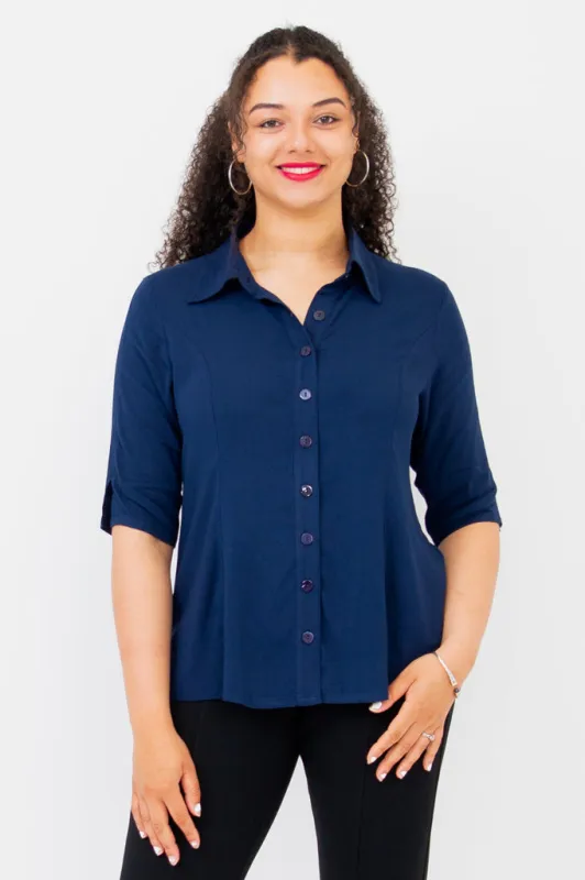 Lorine Blouse, Indigo, Linen Bamboo sold by Blue Sky