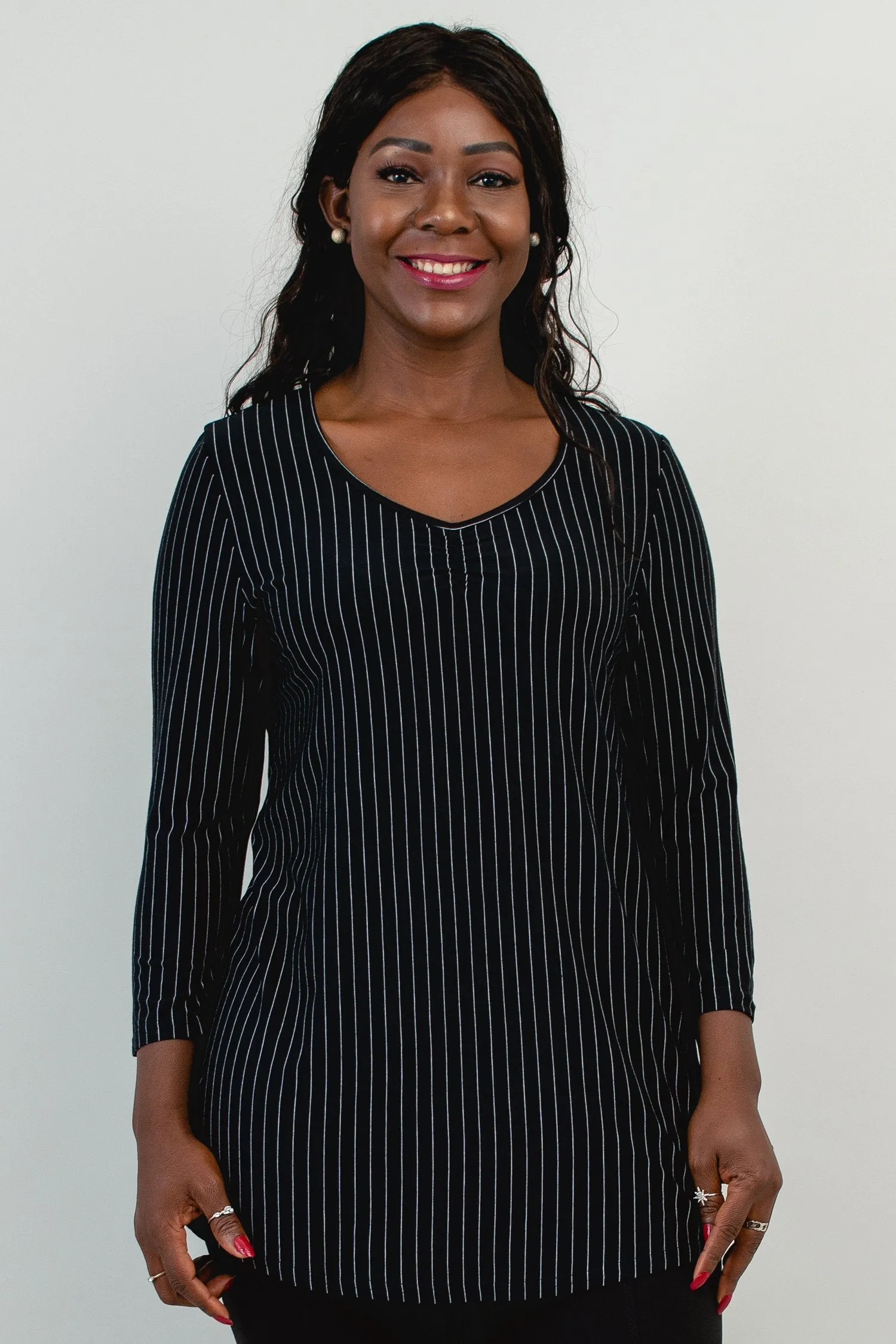 Franny Top, BW Pin Stripe, Bamboo- Final Sale sold by Blue Sky