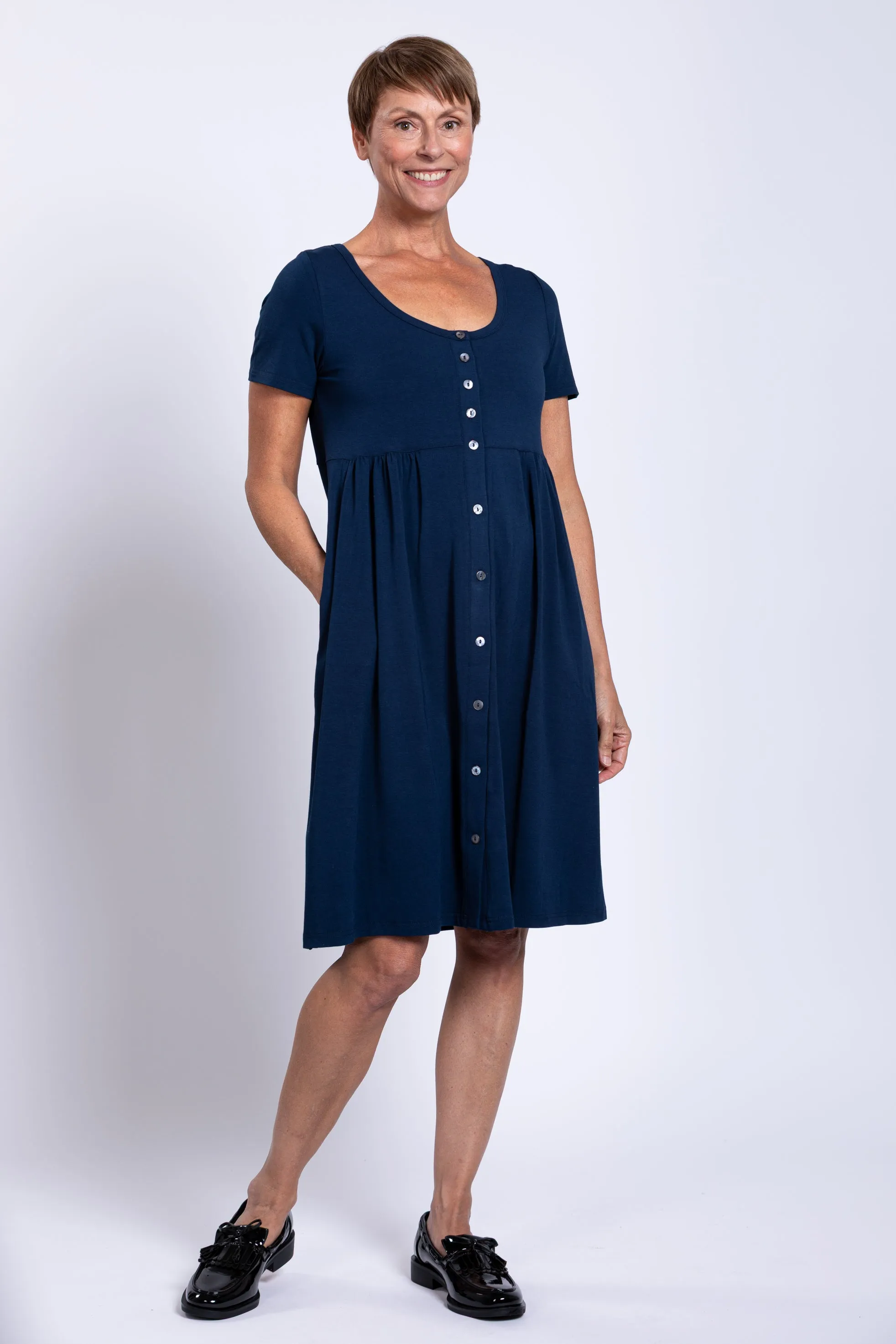 Nelly Short Sleeve Dress, Indigo, Bamboo sold by Blue Sky