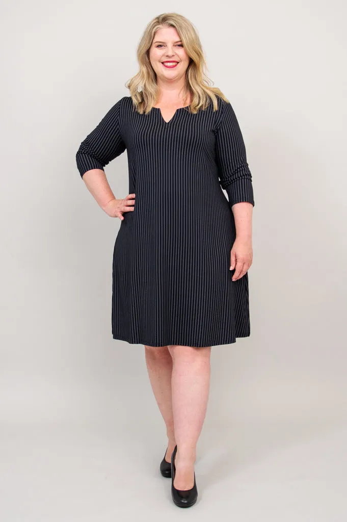 Maggie 3/4 Sleeve Dress, Blk/Grey Stripe, Bamboo sold by Blue Sky