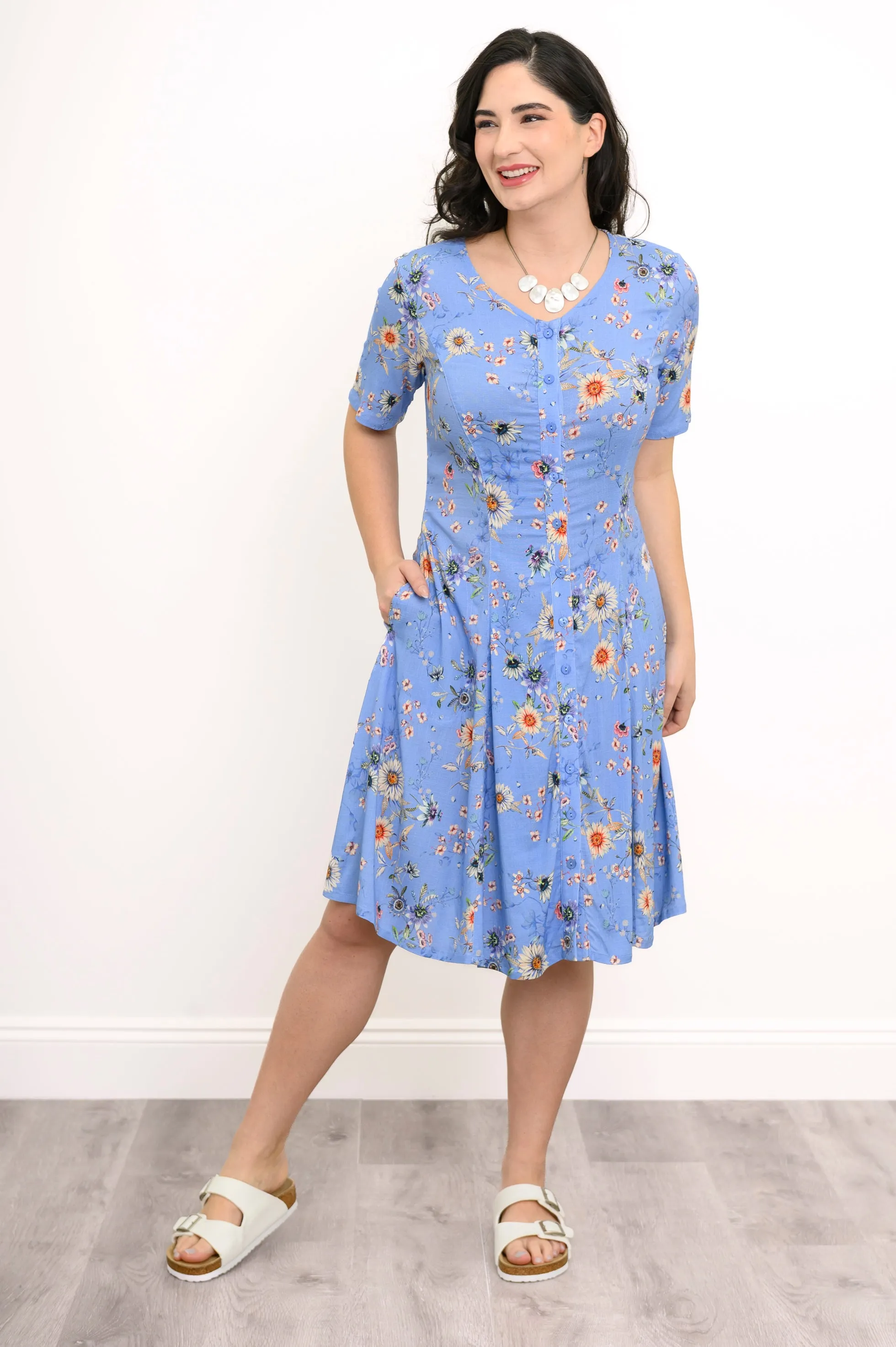 Teresa Dress, Peri Daisy, Linen Bamboo sold by Blue Sky