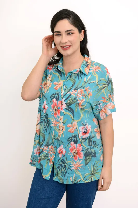 Carolina Blouse, Teal Fiji, Linen Bamboo sold by Blue Sky