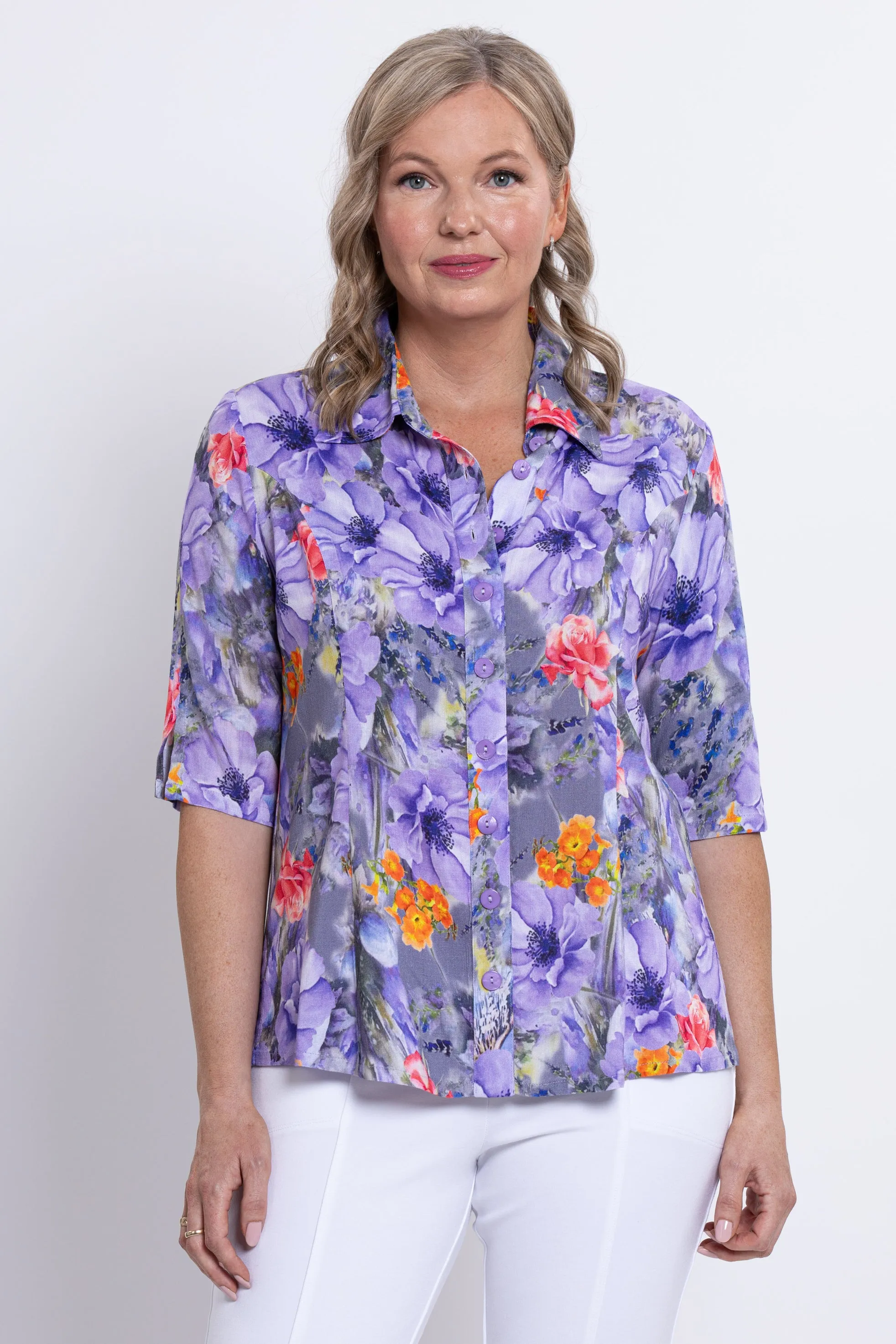 Lorine Blouse, Violet Bloom, Linen Bamboo sold by Blue Sky