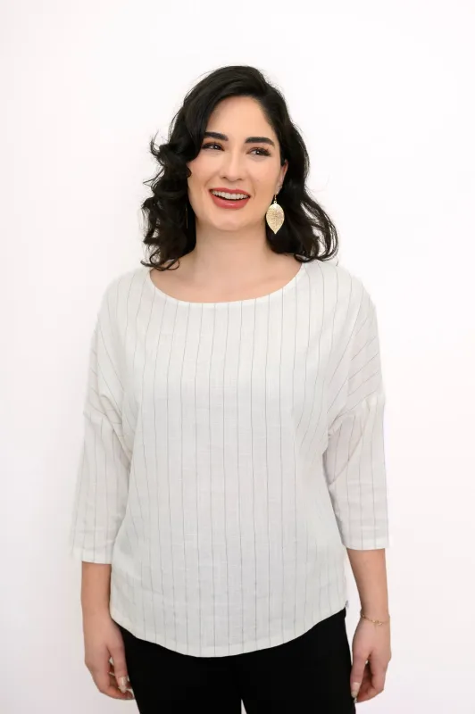 Grace Top, White Stripe, Linen Bamboo made by Blue Sky