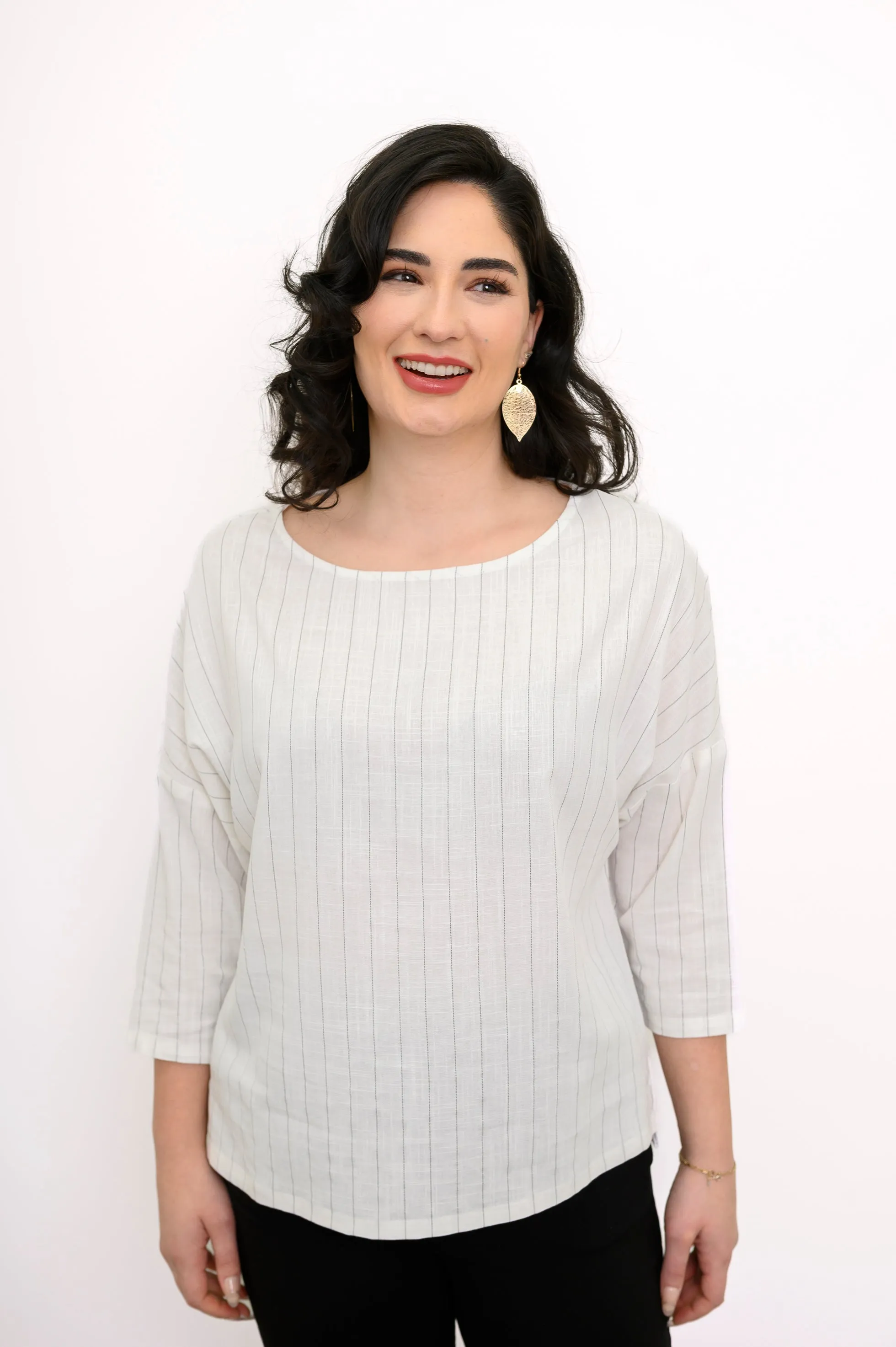 Grace Top, White Stripe, Linen Bamboo sold by Blue Sky