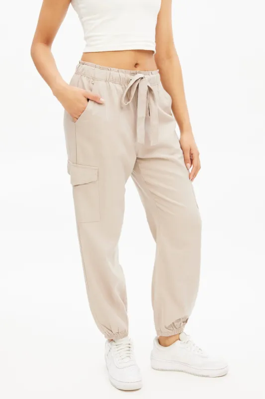High Rise Belted Linen Cargo Jogger sold by Bluenotes