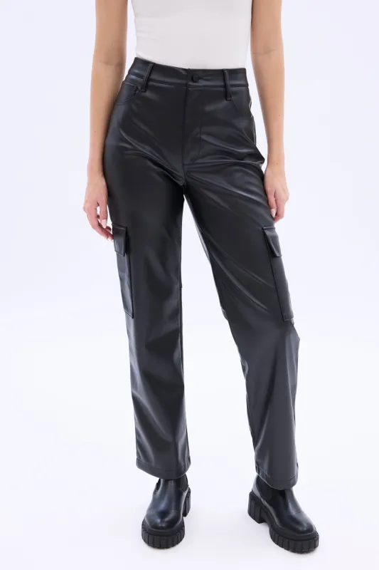 High Rise Faux Leather Cargo Straight Pant sold by Bluenotes