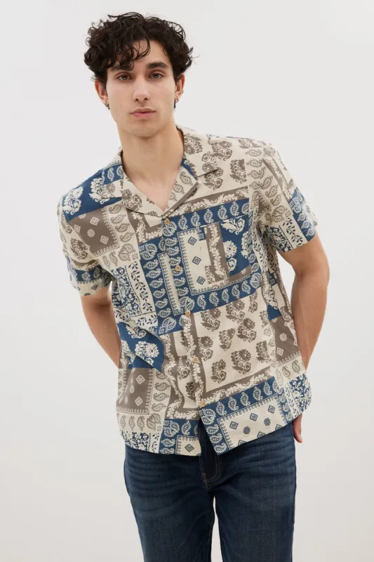 Linen Scarf Print Short Sleeve Shirt made by Bluenotes