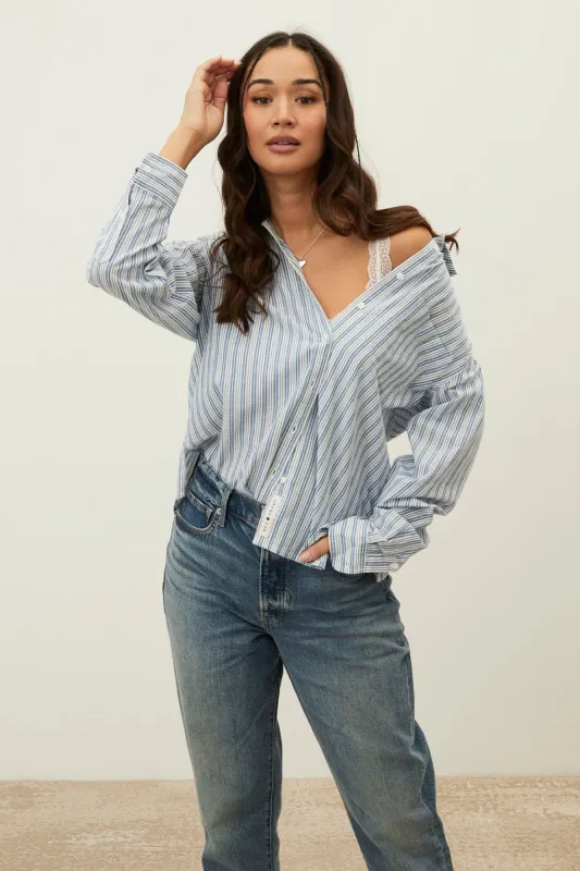 Striped Long Sleeve Button-Up Boyfriend Shirt sold by Bluenotes