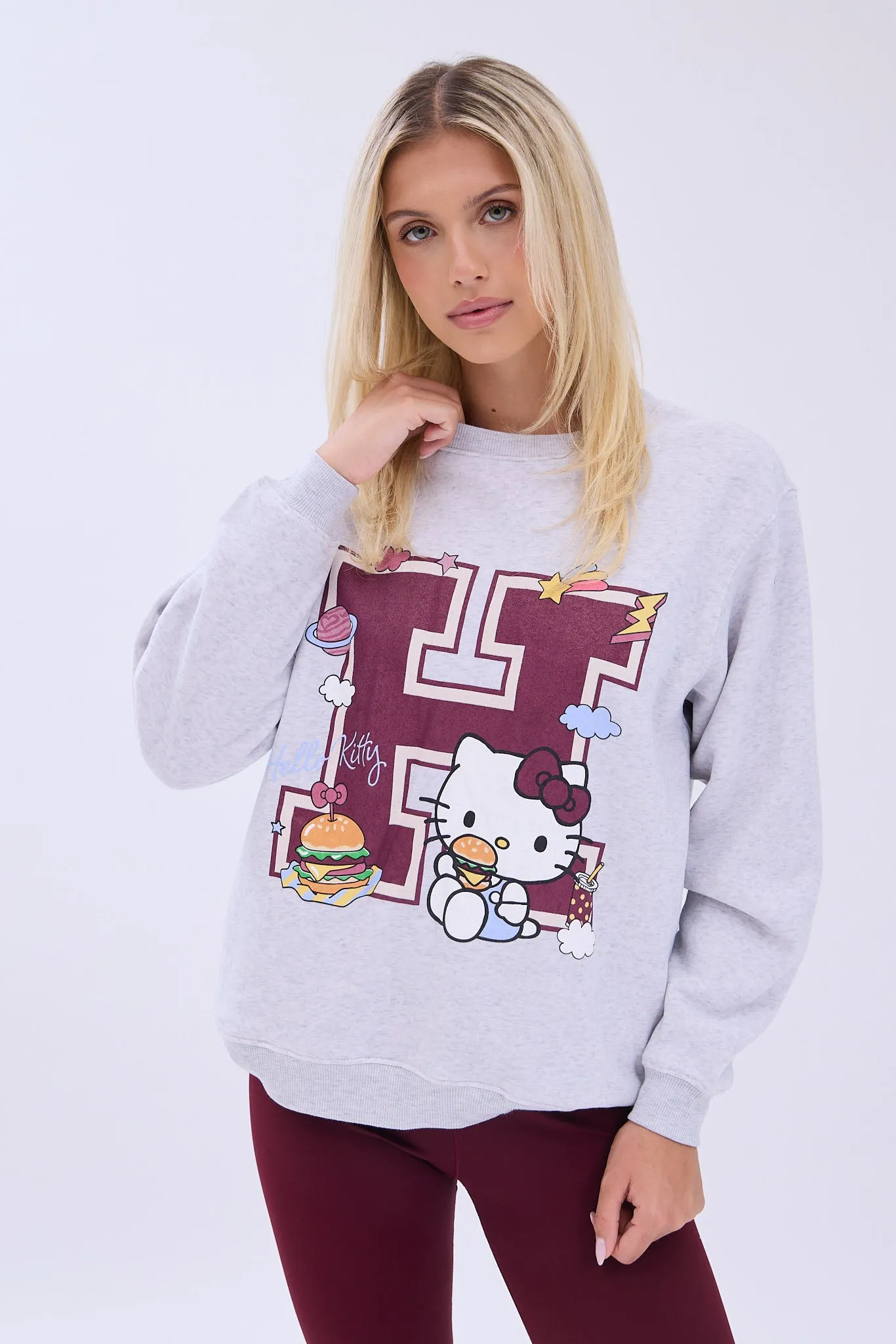 Hello Kitty H Burger Graphic Crew Neck Relaxed Sweatshirt sold by Bluenotes