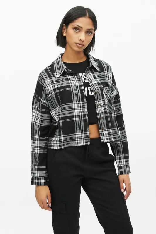 Button-Up Cropped Flannel Plaid Shirt sold by Bluenotes