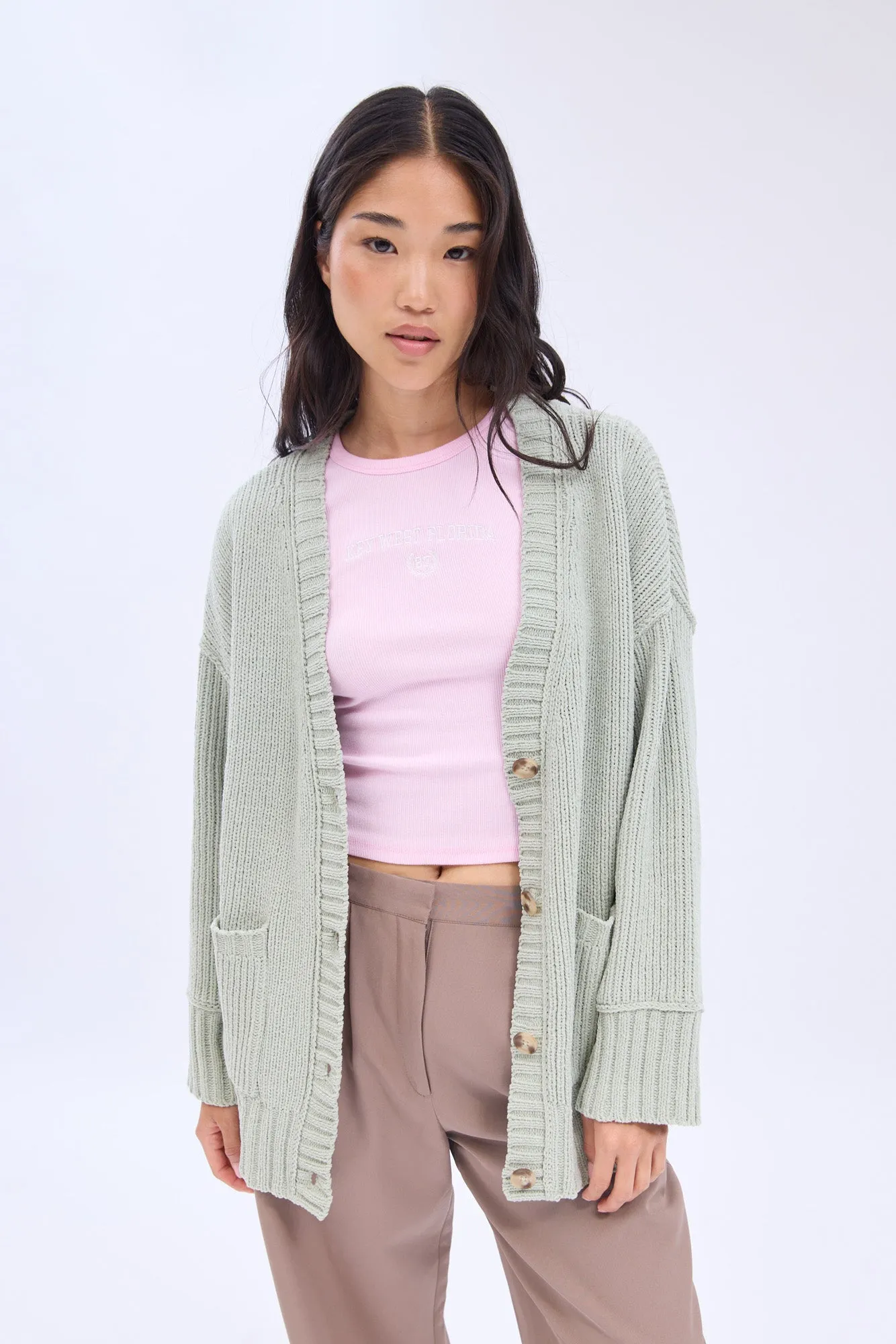Chenille Button-Front Cardigan sold by Bluenotes