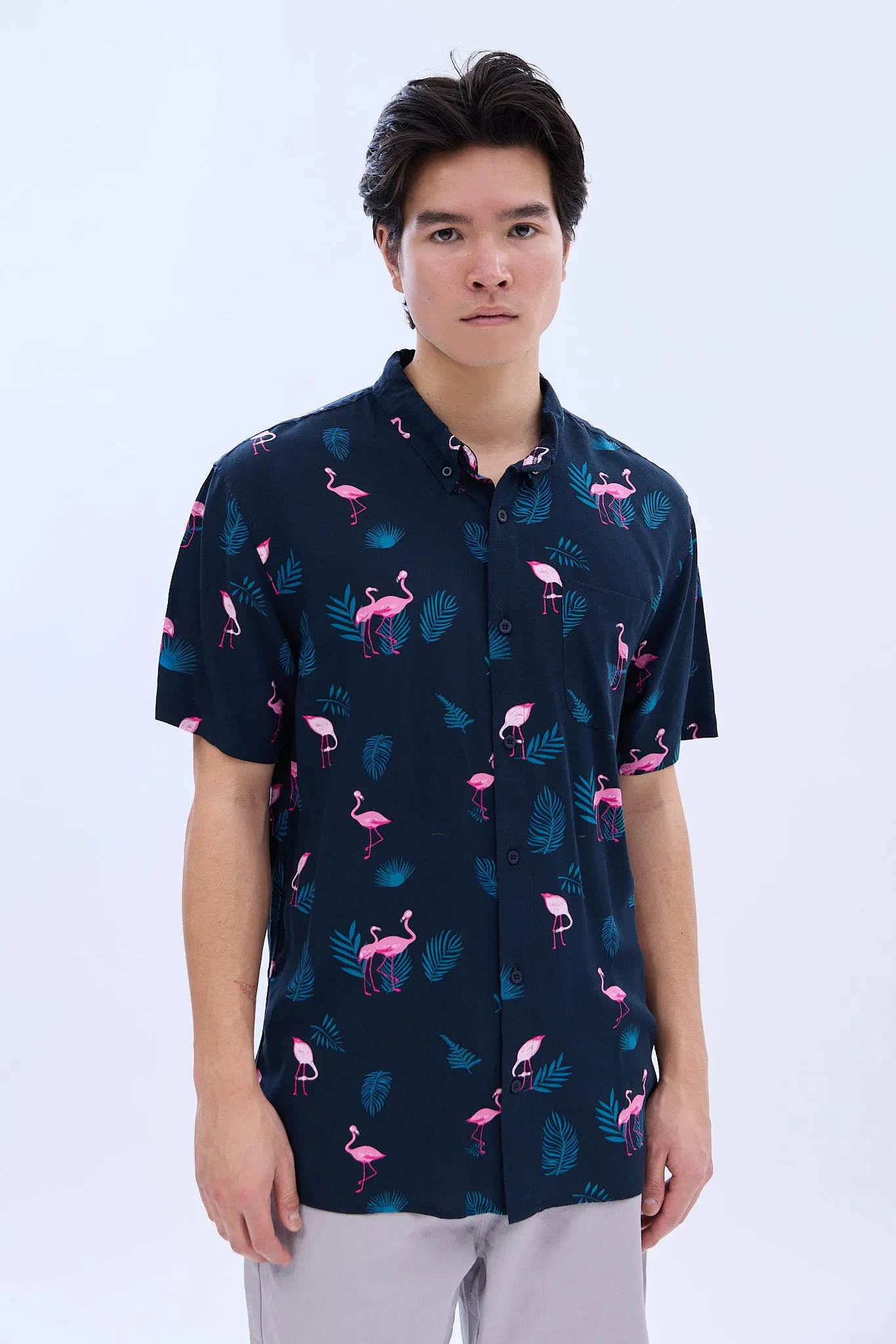 AERO Tropical Flamingo Print Short Sleeve Resort Shirt sold by Bluenotes