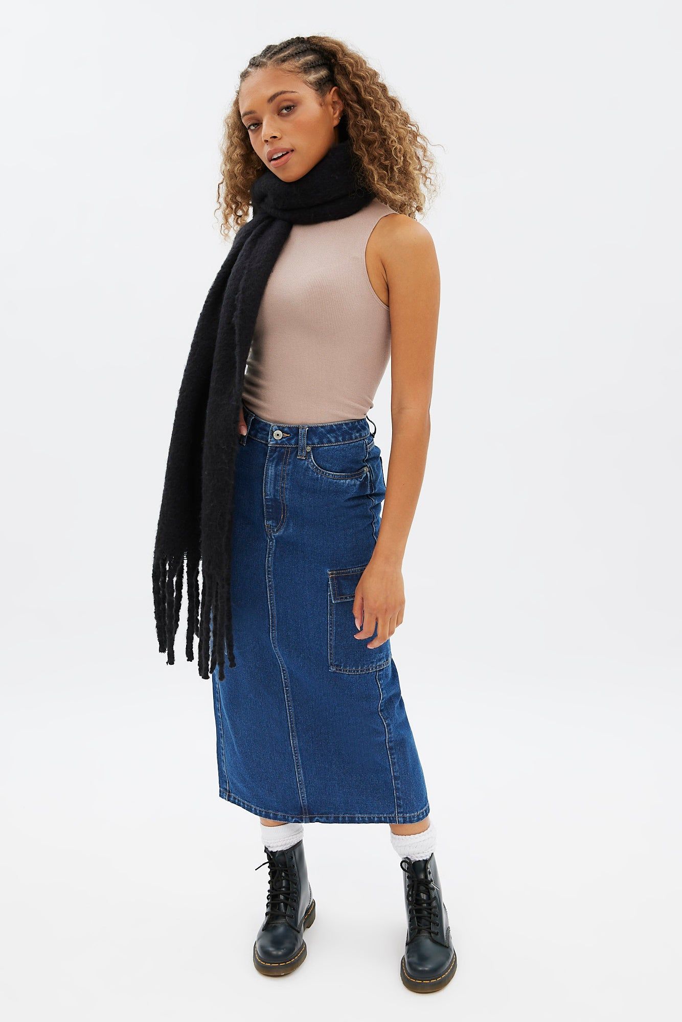 High Rise Denim Cargo Maxi Skirt sold by Bluenotes