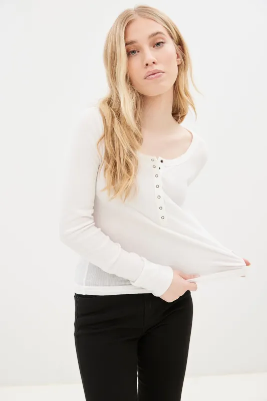 Ribbed Long Sleeve Snap-Button Henley Top sold by Bluenotes