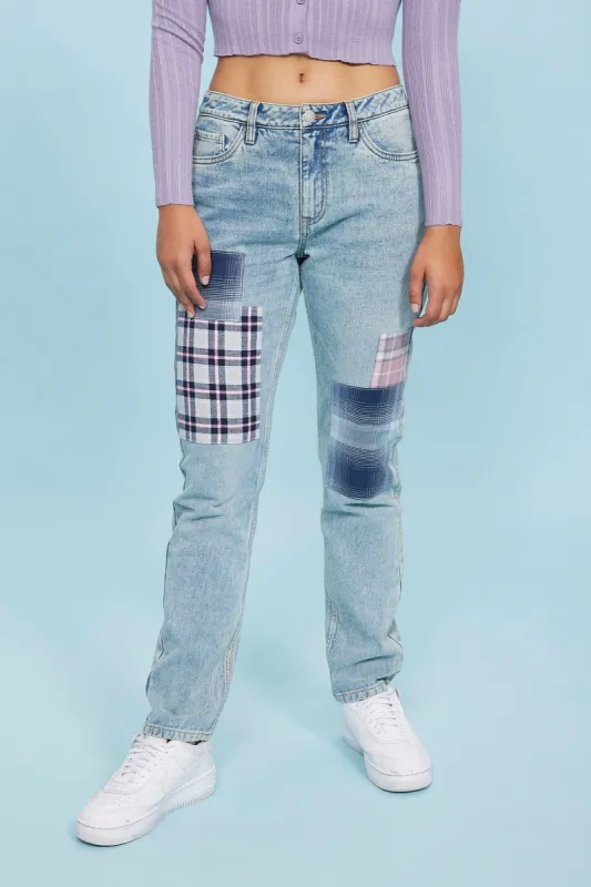 Rigid Low Rise Plaid Patch 90's Boyfriend Jean sold by Bluenotes