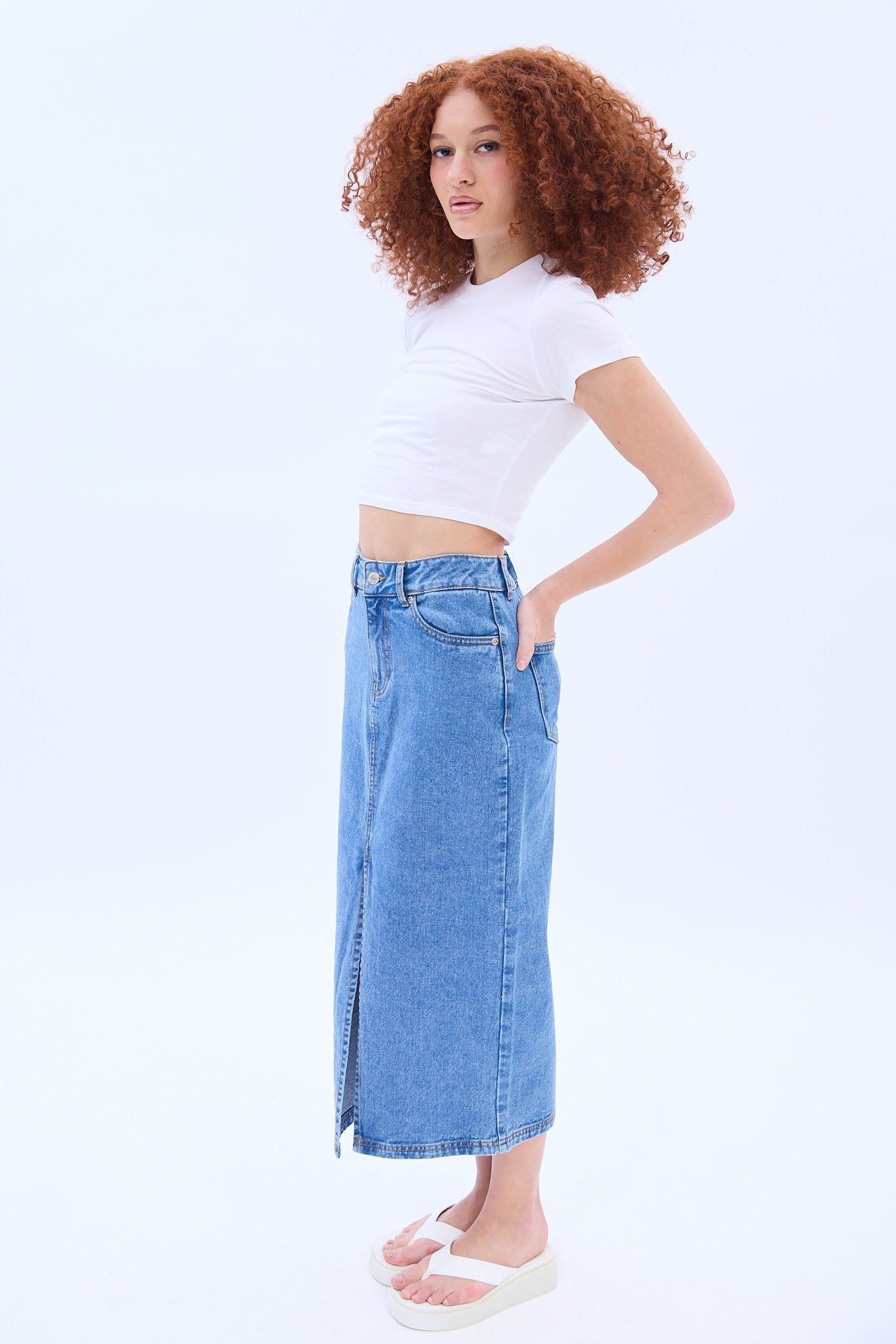 High Rise Denim Maxi Skirt sold by Bluenotes