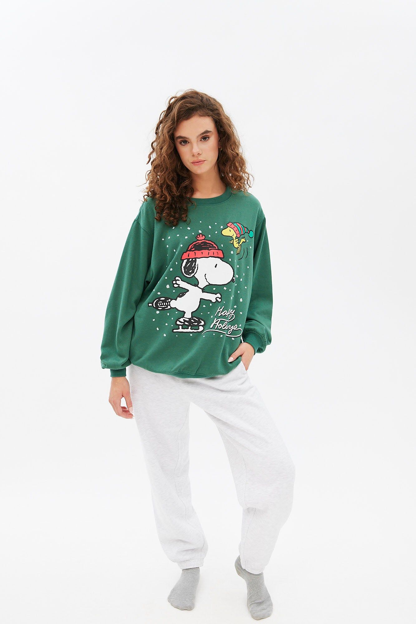 Peanuts Snoopy Woodstock Happy Holidays Graphic Oversized Pullover Sweatshirt sold by Bluenotes product image thumbnail 2