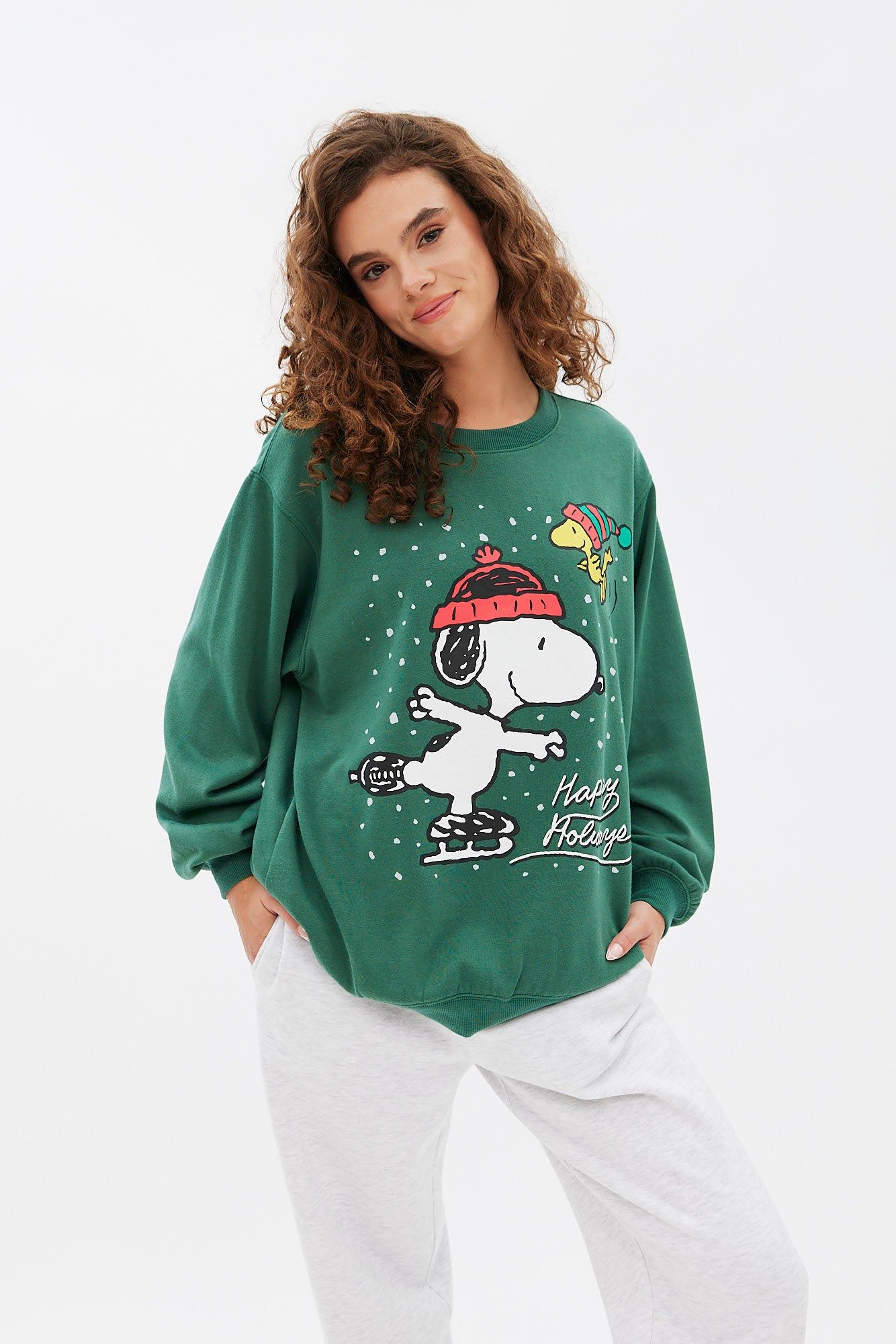 Peanuts Snoopy Woodstock Happy Holidays Graphic Oversized Pullover Sweatshirt sold by Bluenotes