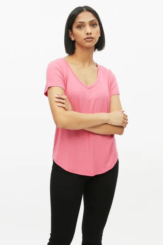 Curved Scoop Hem V-Neck Tee sold by Bluenotes