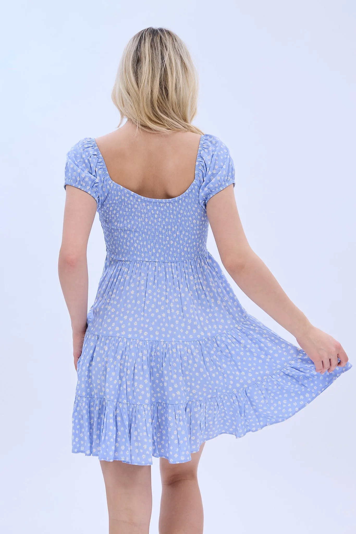 AERO Short Sleeve Square Neck Smocked Tiered Mini Dress sold by Bluenotes product image thumbnail 4