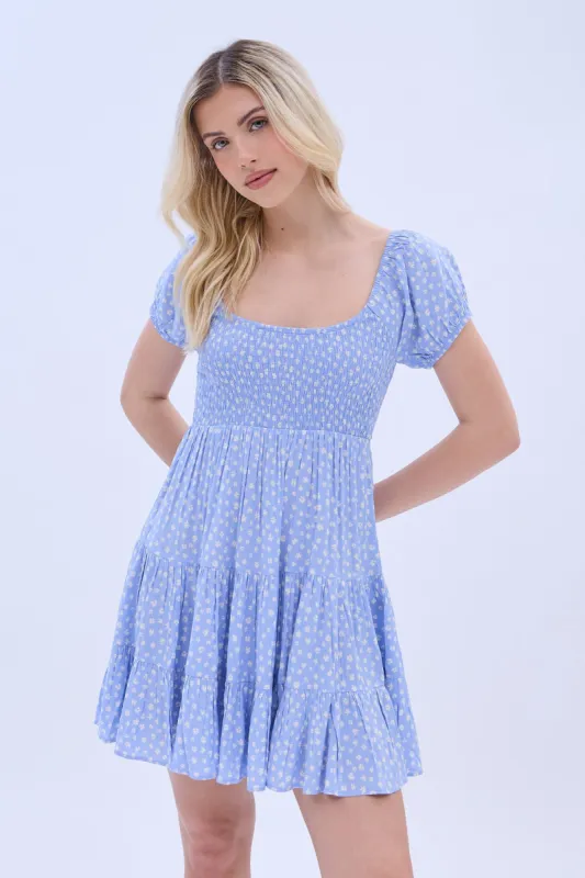 AERO Short Sleeve Square Neck Smocked Tiered Mini Dress sold by Bluenotes