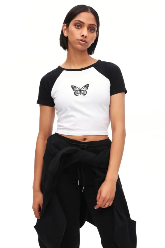 Butterfly Graphic Raglan Sleeve Baby Tee sold by Bluenotes