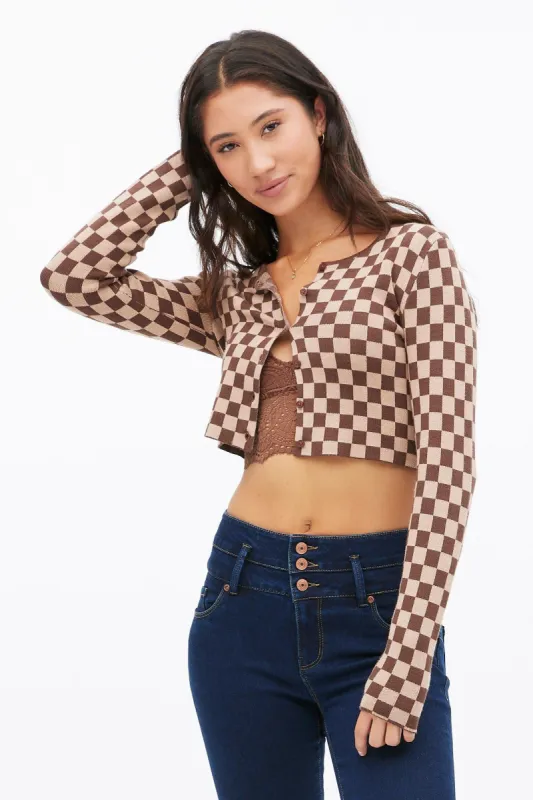 Button-Up Checkered Crew Neck Cropped Cardigan sold by Bluenotes
