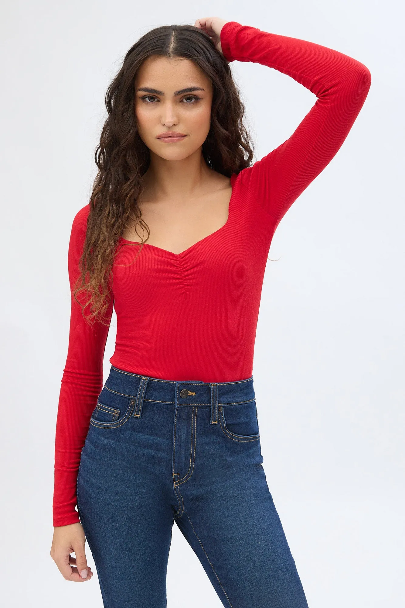Ribbed Knit Long Sleeve Sweetheart Neckline Bodysuit sold by Bluenotes