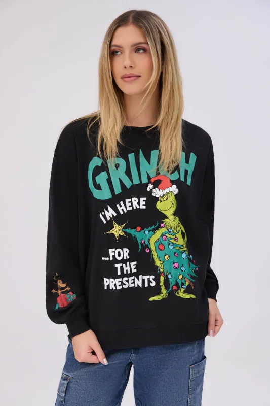 The Grinch Here For The Presents Graphic Crew Neck Sweatshirt sold by Bluenotes