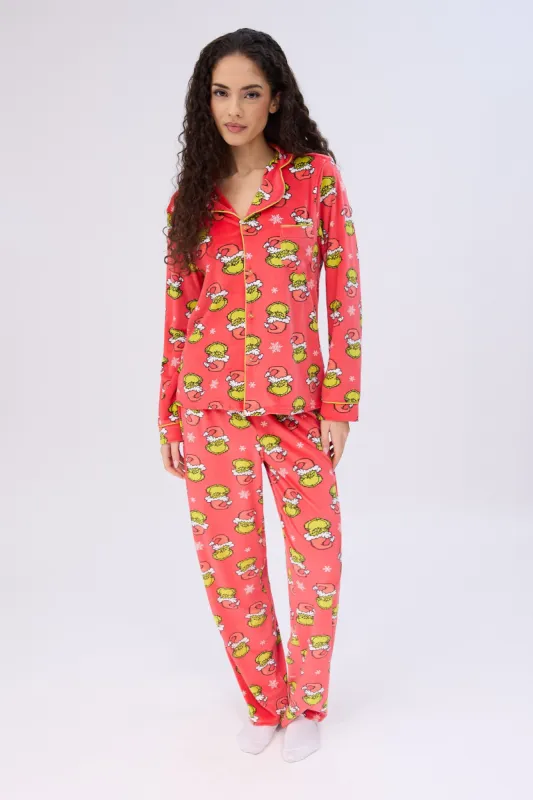 The Grinch Santa Velour Pajama Dad Shirt And Pants Set made by Aeropostale