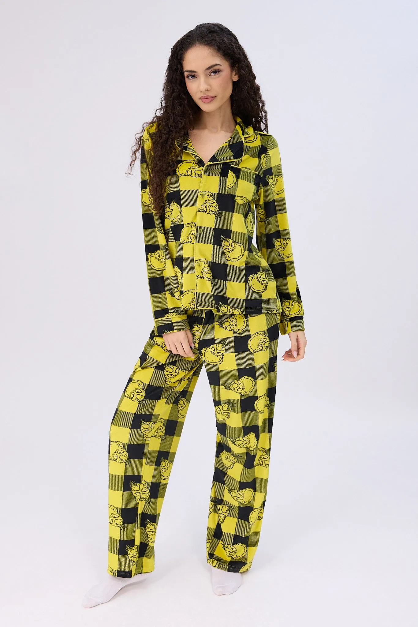 The Grinch Plaid Velour Pajama Dad Shirt And Pants Set sold by Bluenotes