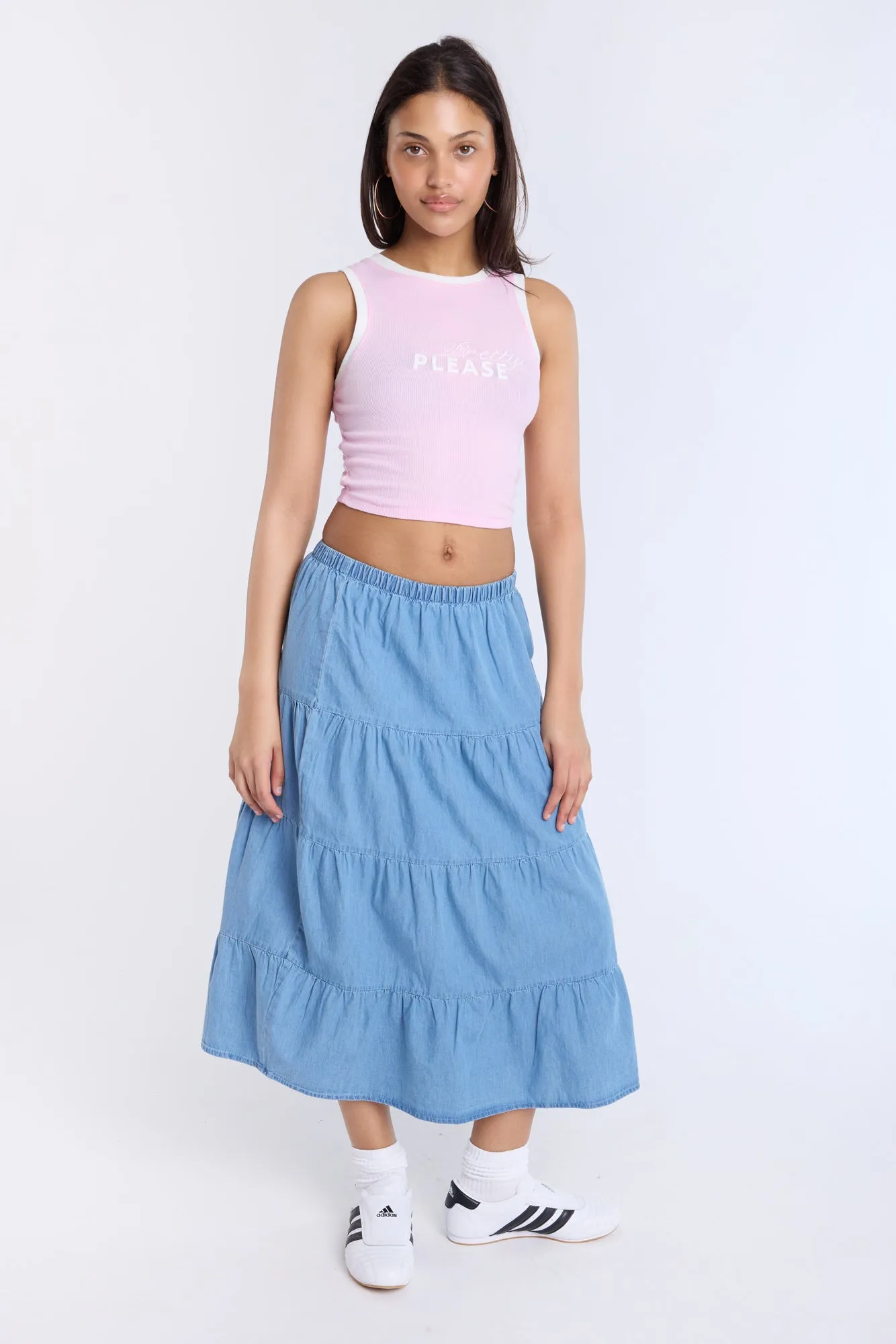 Chambray Tiered Maxi Skirt sold by Bluenotes