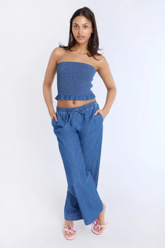 Chambray High Rise Wide Leg Pants sold by Bluenotes