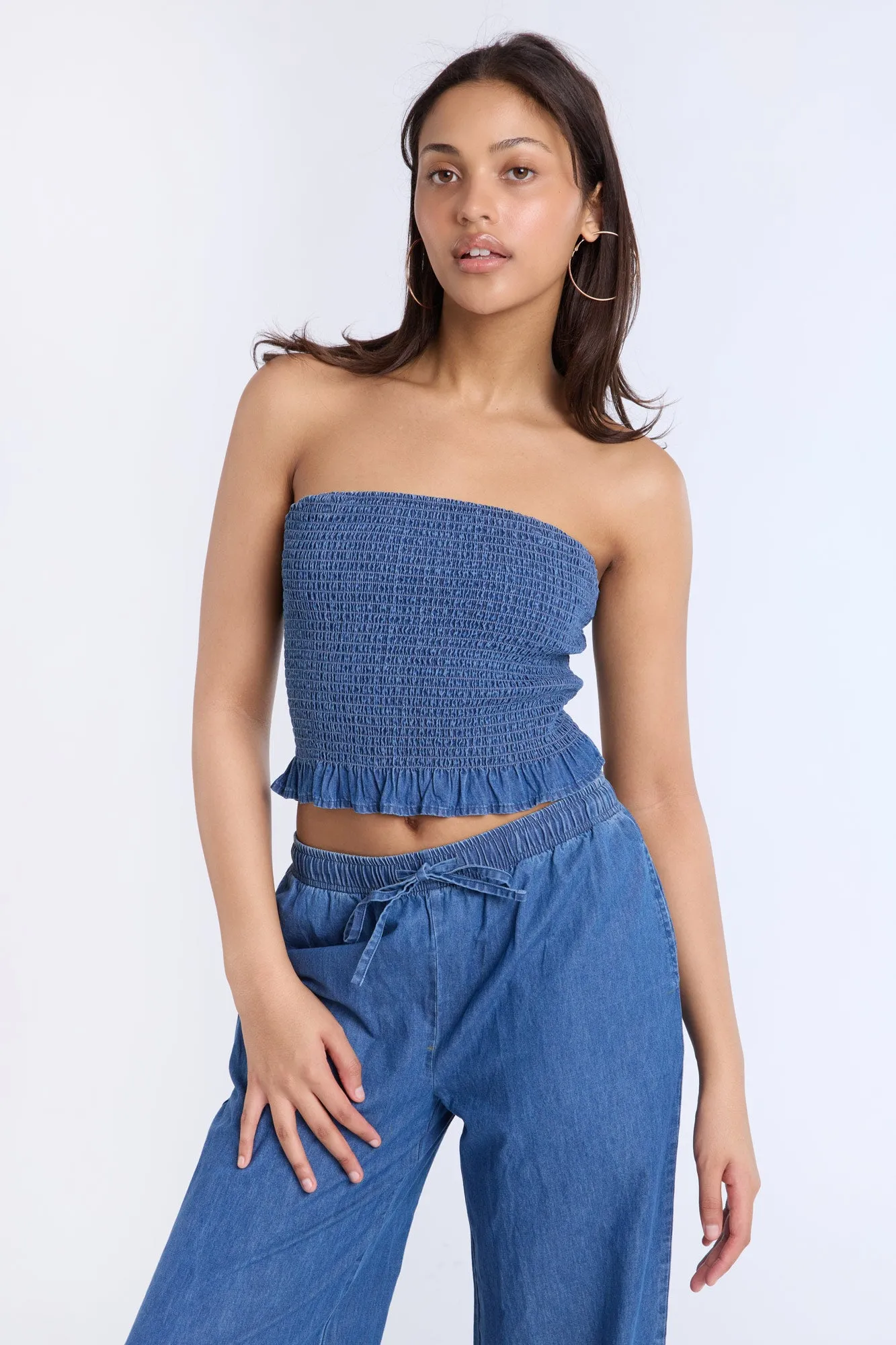 Chambray Smocked Strapless Top sold by Bluenotes