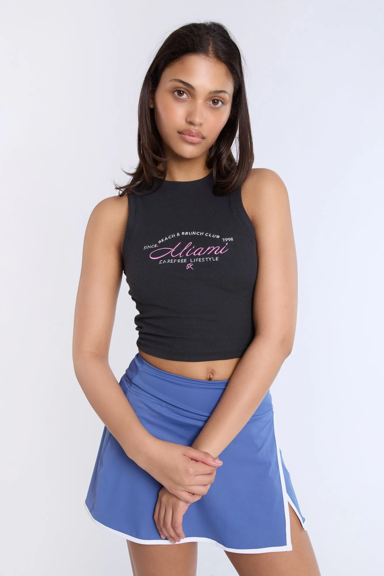 Miami Beach & Brunch Club Embroidered Graphic High Neck Tank Top sold by Bluenotes