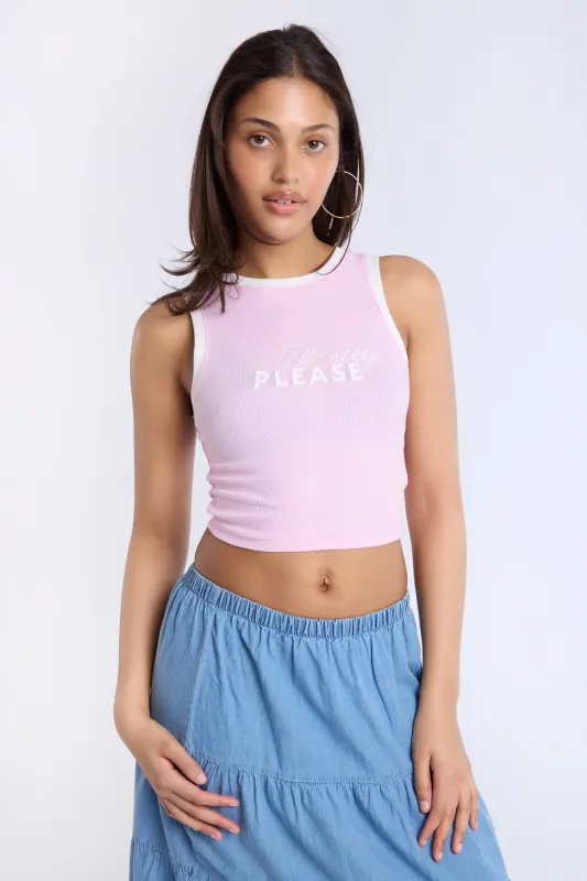 Pretty Please Embroidered Graphic High Neck Tank Top made by Bluenotes