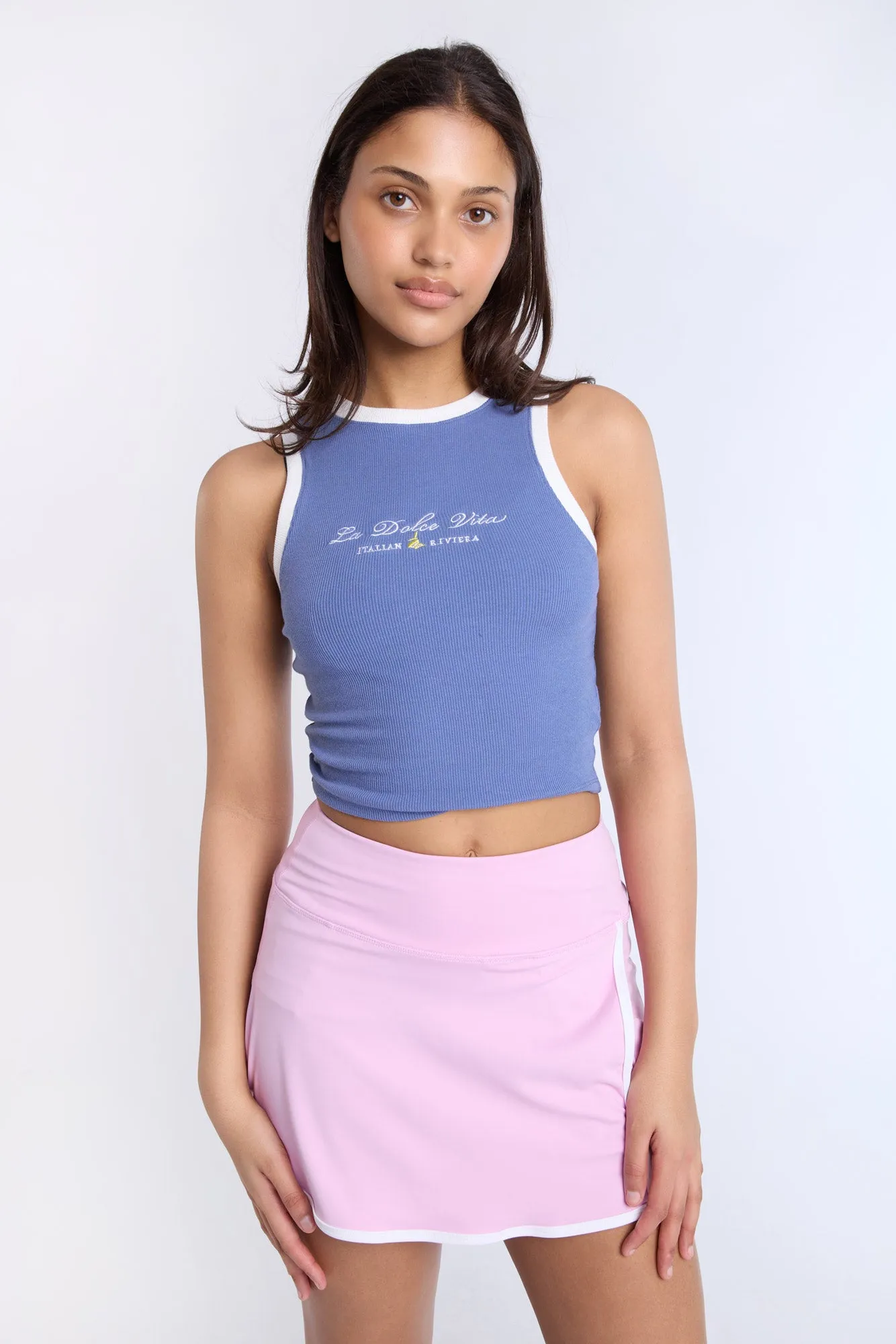 La Dolce Vita Embroidered Graphic High Neck Tank Top sold by Bluenotes