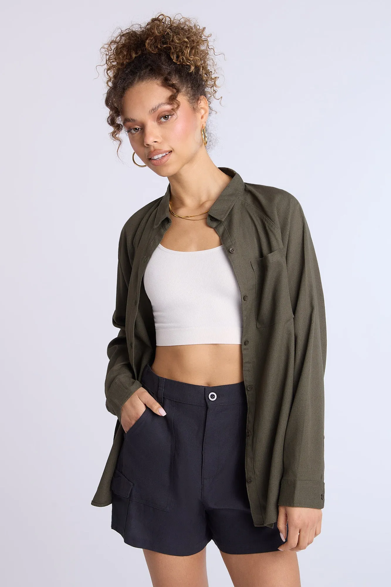 Linen-Blend Oversized Button-Up Shirt sold by Bluenotes