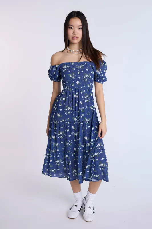 Puff Sleeve Smocked Tiered Maxi Dress sold by Bluenotes