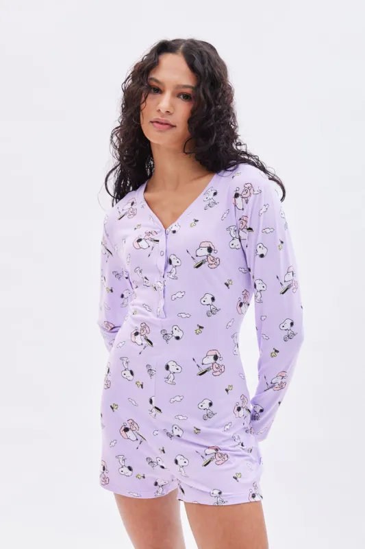 Super Soft Peanuts Snoopy Printed Long Sleeve Pajama Romper sold by Bluenotes