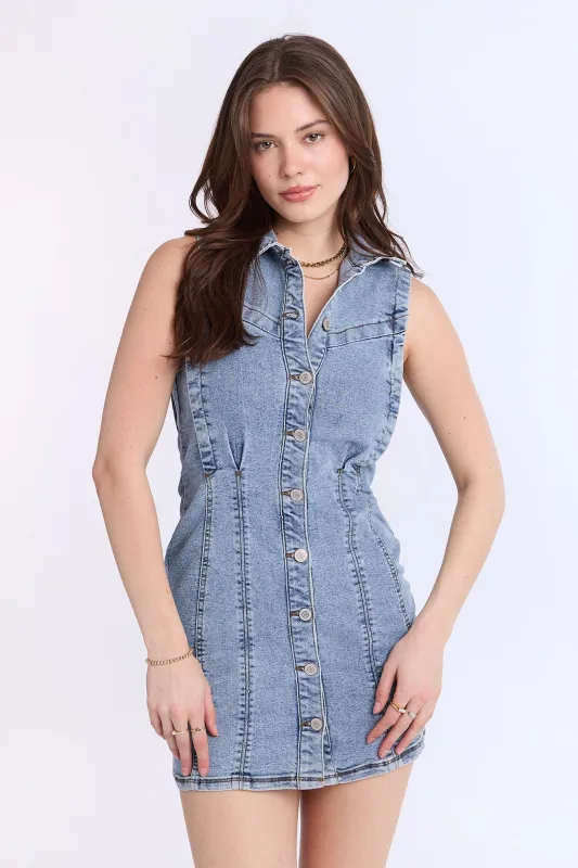Collared Button-Front Denim Mini Dress sold by Bluenotes